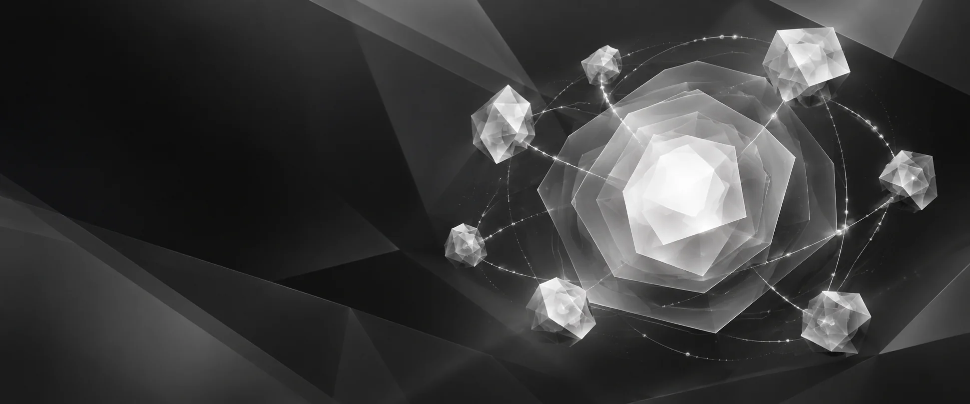 Abstract visualisation of a luminous intelligence core, memory layers and connected cognitive modules